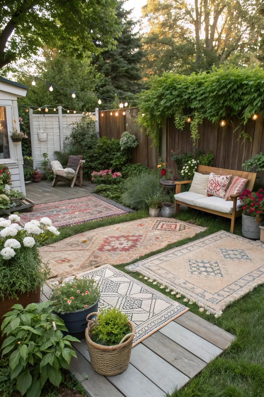 Outdoor floor coverings provide texture and define spaces in the garden.