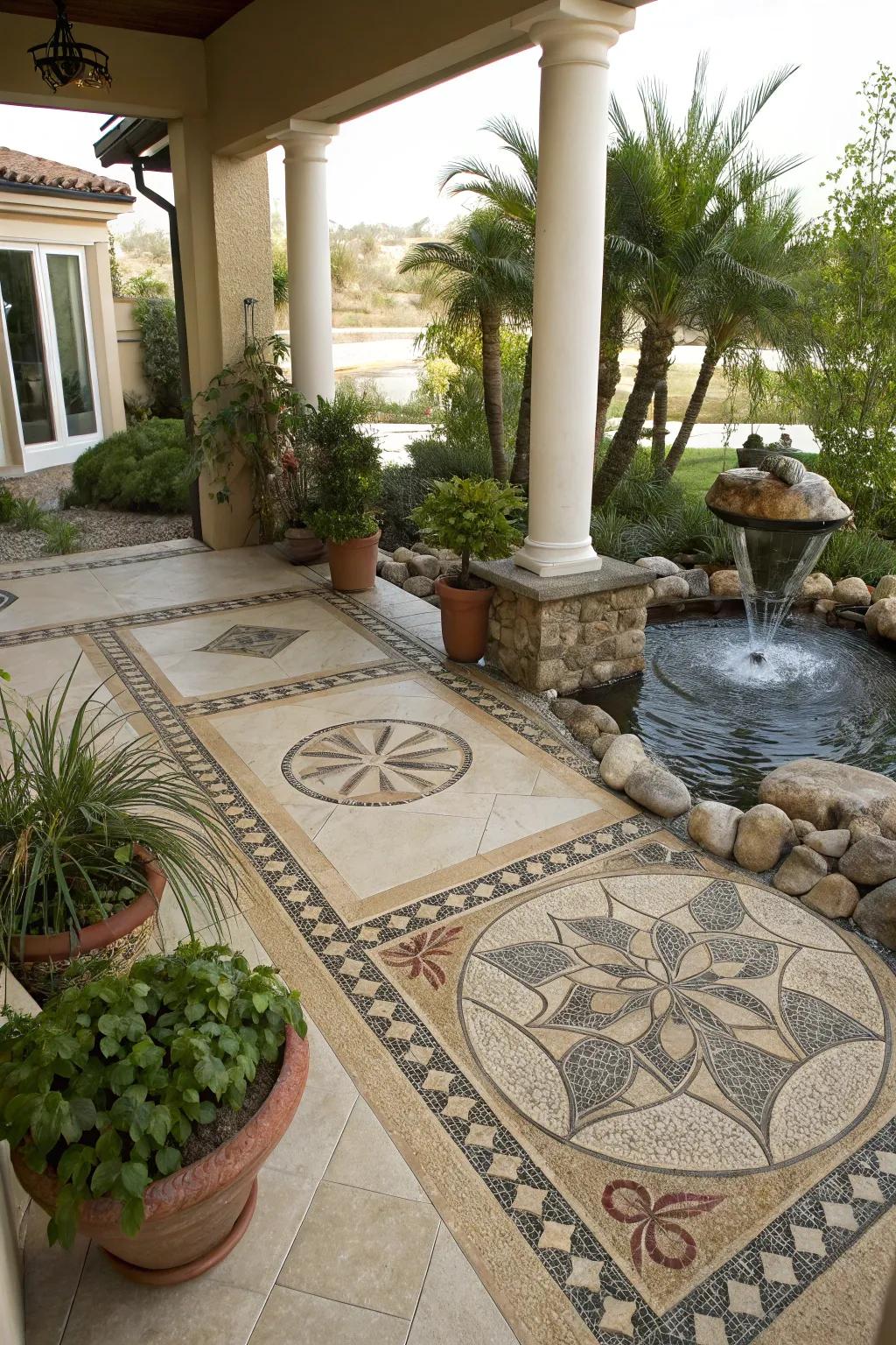Rock designs transform patios into artistic outdoor getaways.