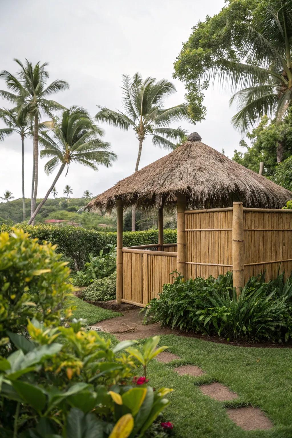 A bamboo screen offers privacy and adds to the tropical ambiance.