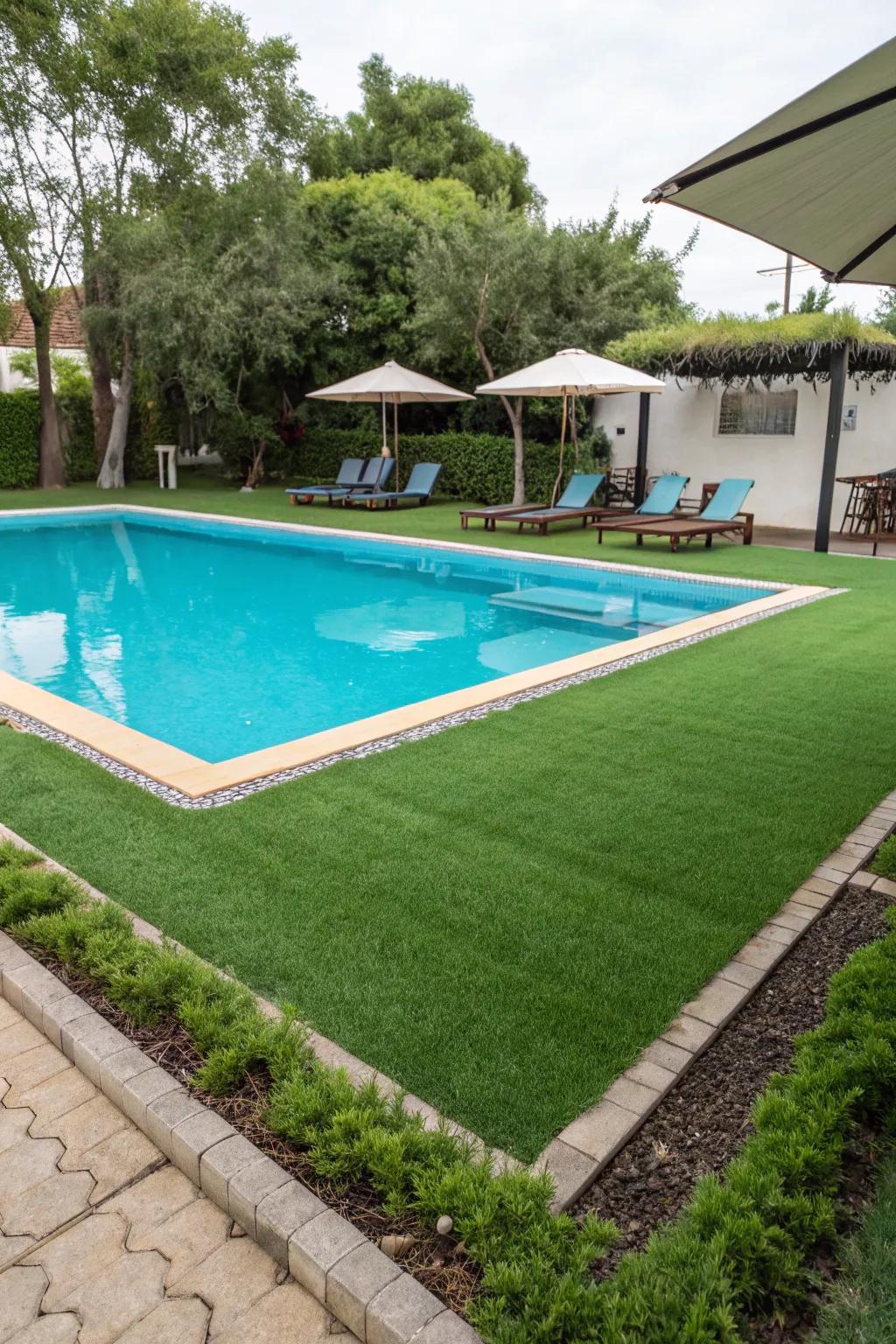 A pristine poolside area with lush, non-slip artificial lawn.