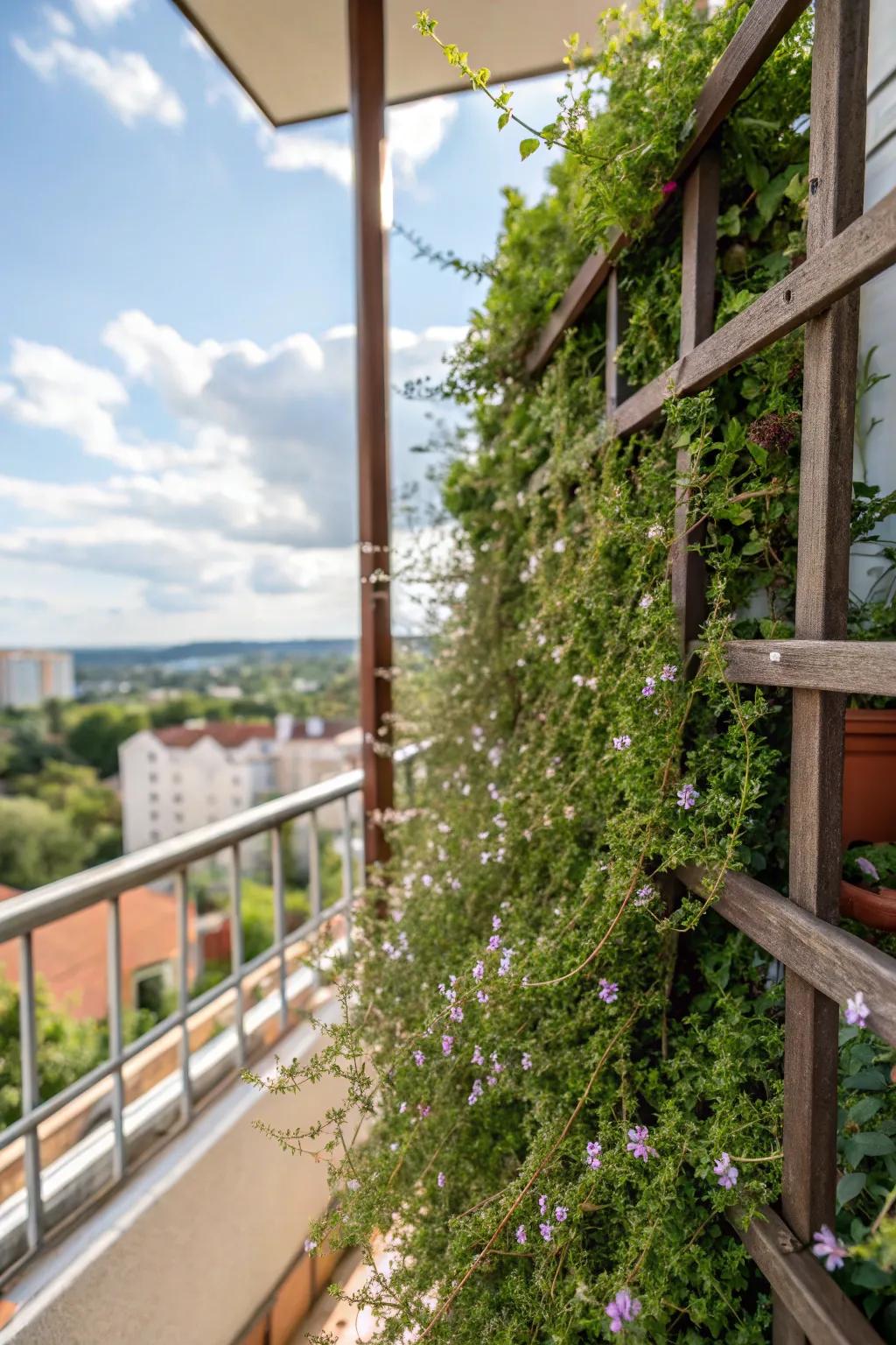 A framework transforms climbing herbs into a vertical artistic display.