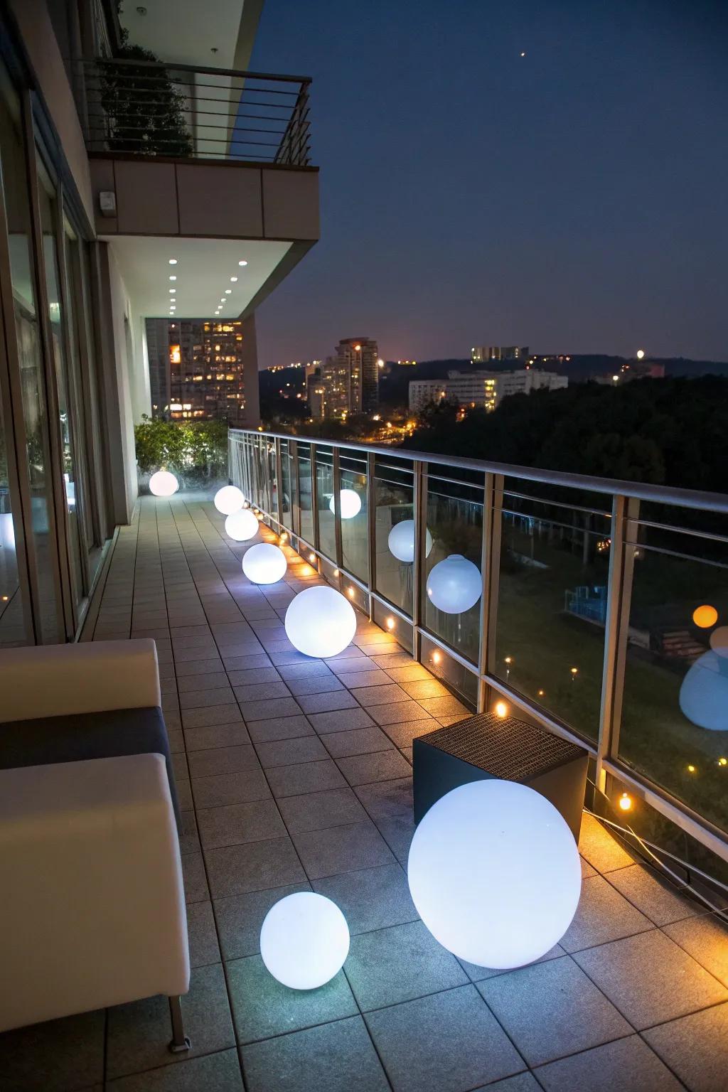 Radiant spheres convey a futuristic and distinctive flair to balcony illumination.