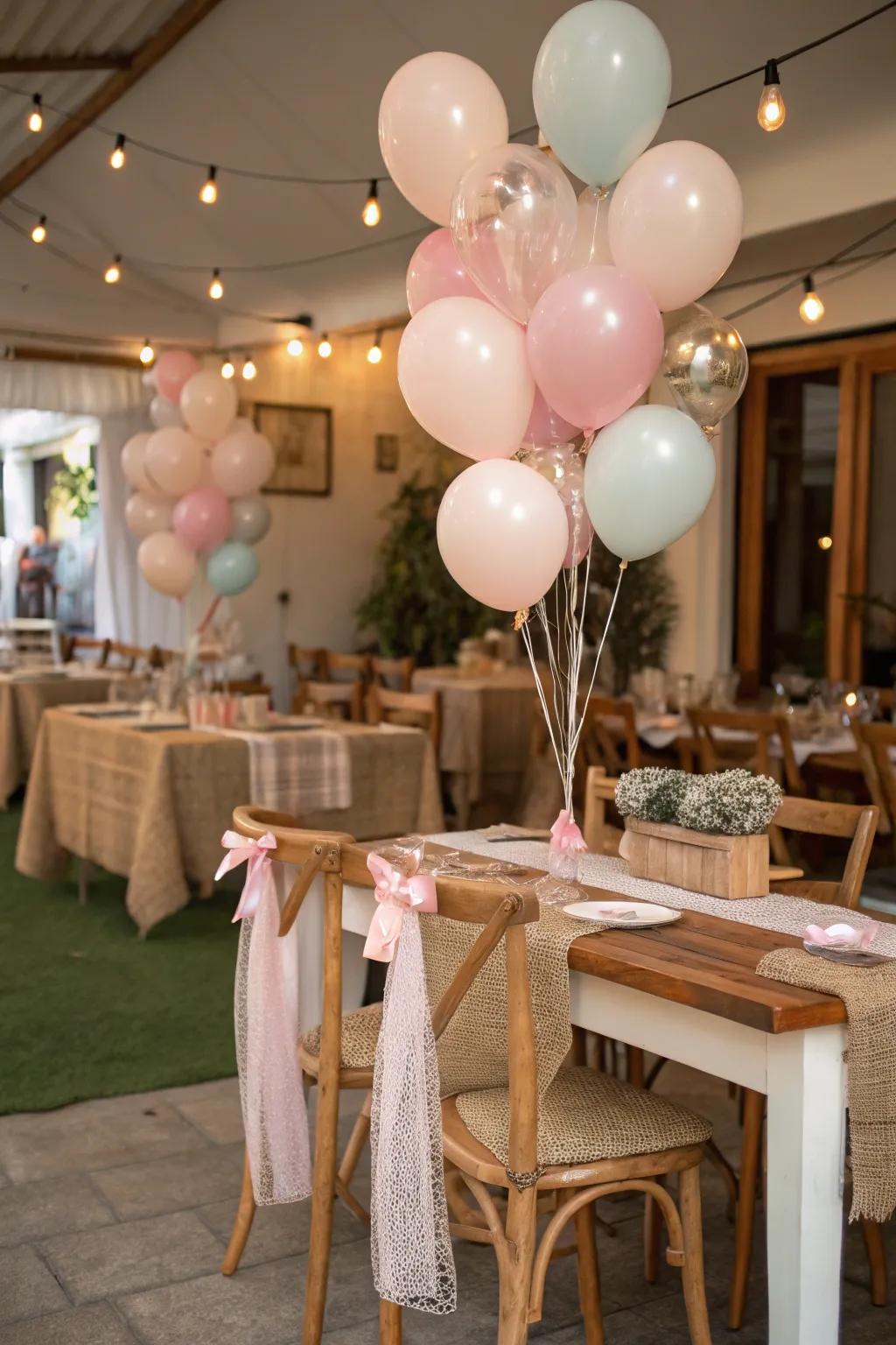 Country balloons combined with organic elements design a cozy atmosphere.