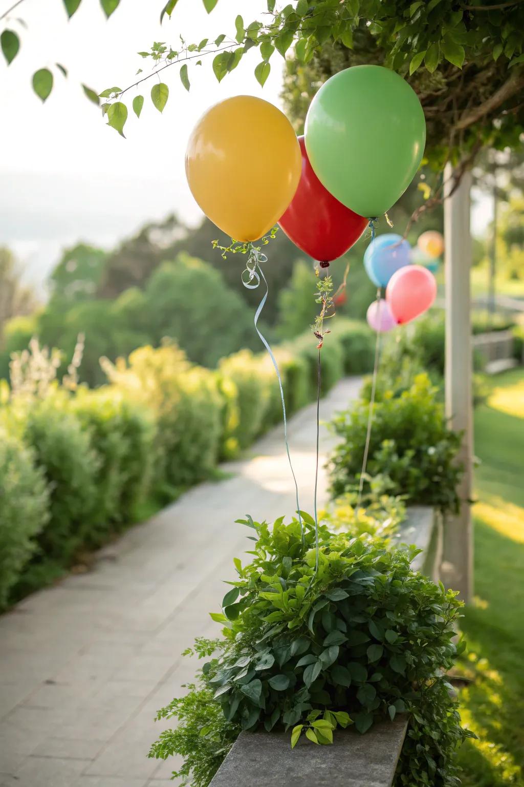 Balloons accompanied by plant life create a revitalizing, natural appearance.