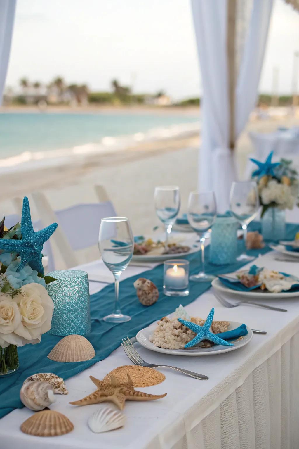 Seaside-themed centerpiece bringing beach vibes indoors.
