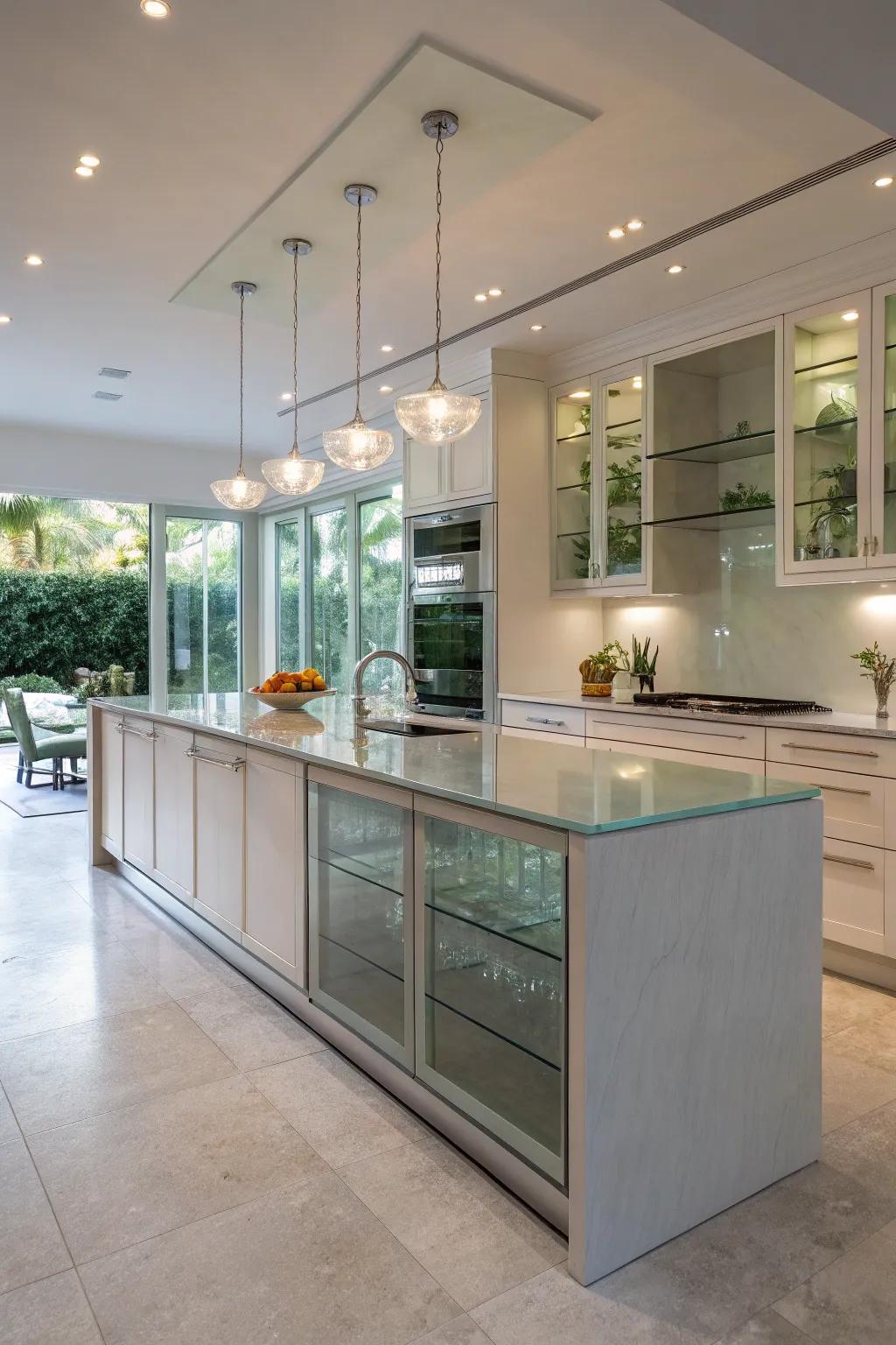 Glass elements help create a spacious and airy kitchen atmosphere.