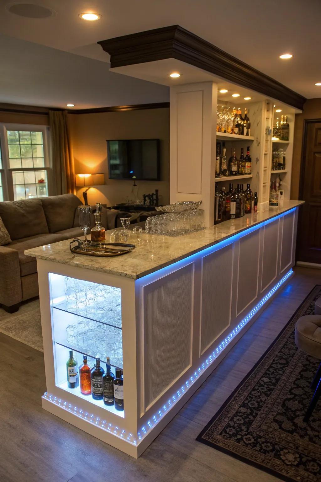 Under-bar edge lighting imparts a special glow to the bar.