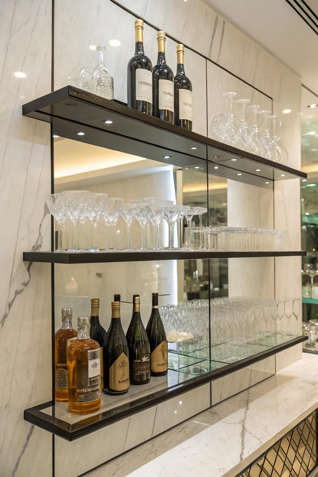 Hanging racks with mirrors provide a simple, roomy bar setting.