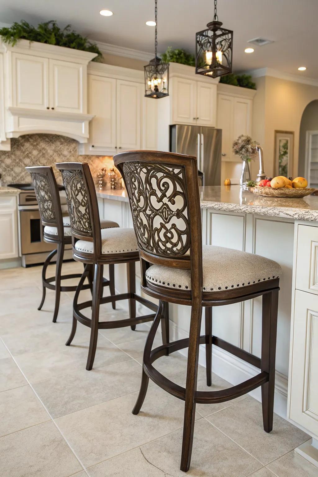 Artistic bar stools featuring backs that adds a touch of class.