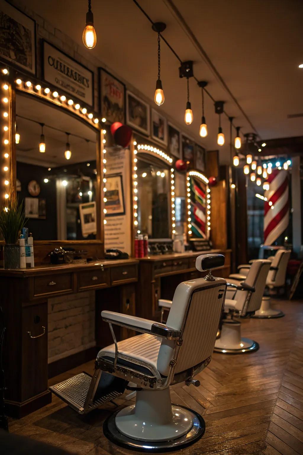 Concealed lighting creates a mysterious and inviting atmosphere in a barbershop.