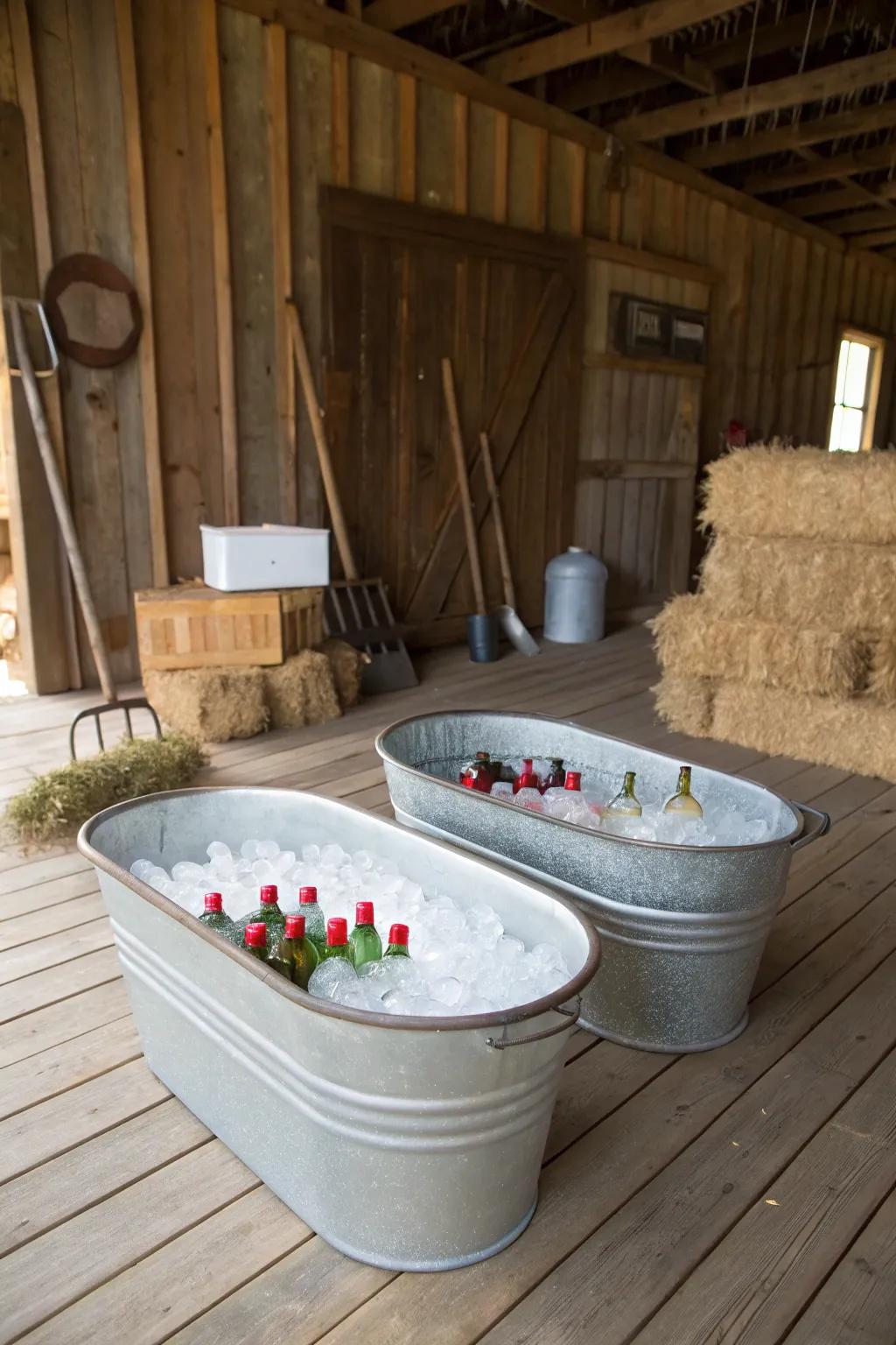 Washbins function as rustic and practical beverage coolers.