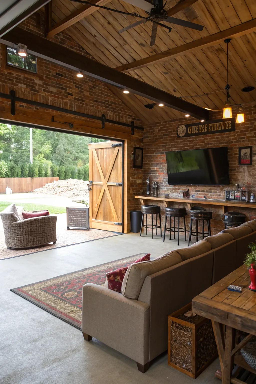 A bar and entertainment space provides enjoyment and unwinding within this barn garage.