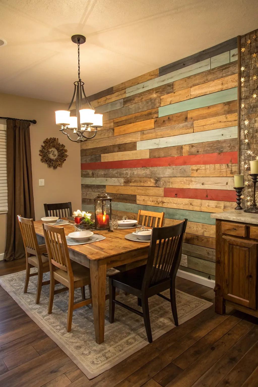 A multicolored wood plank pallet wall making a statement.