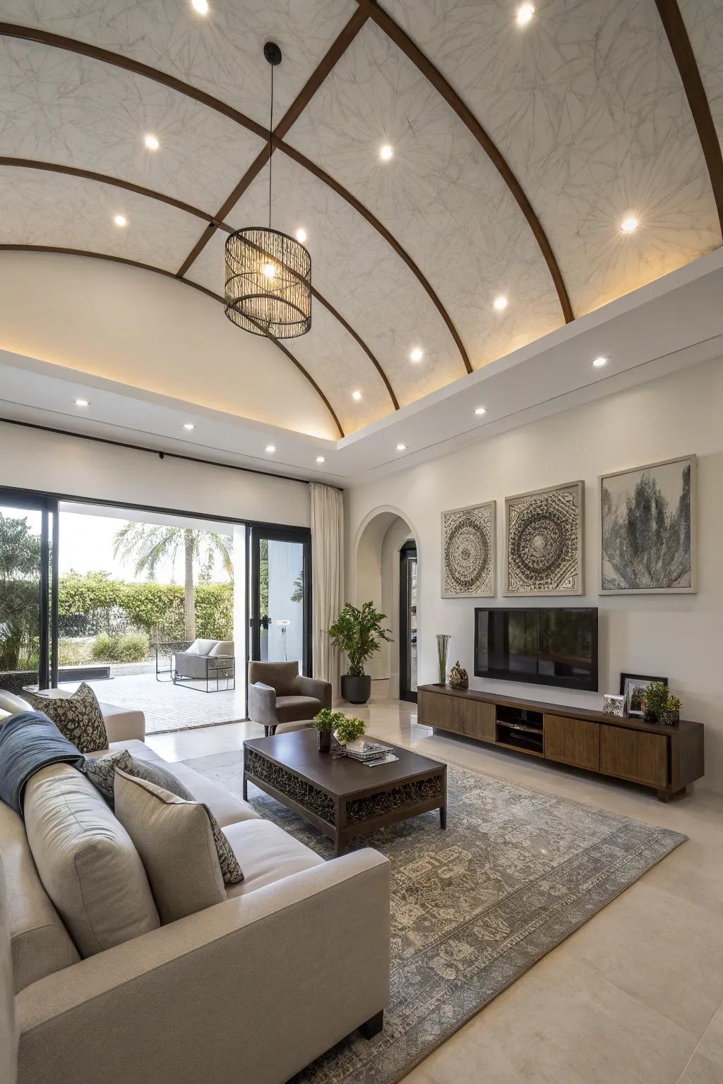 A contemporary living space showcasing covered illumination in the arched ceiling.