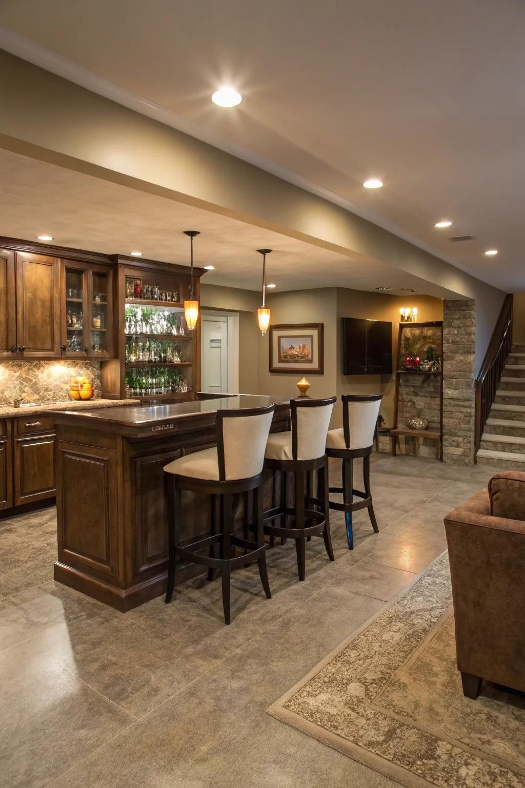 Concrete floors create an ideal base for a stylish and sophisticated home bar.