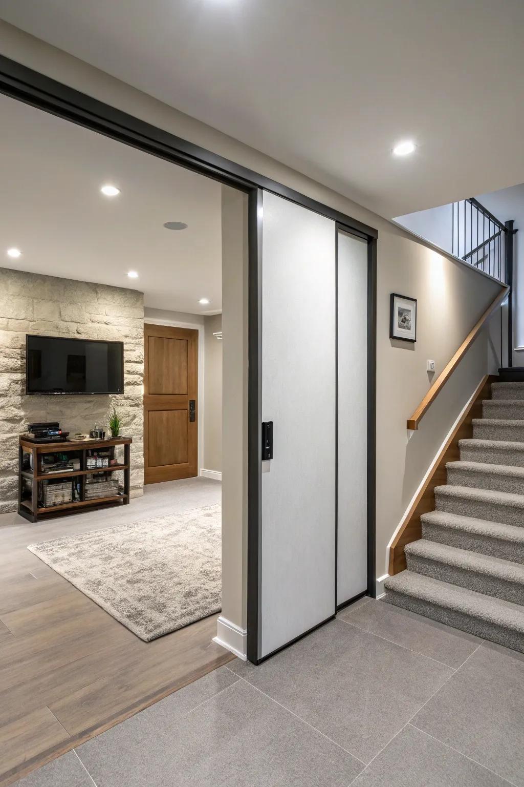 A sliding pocket door maximizes space and maintains a sleek design in the basement.