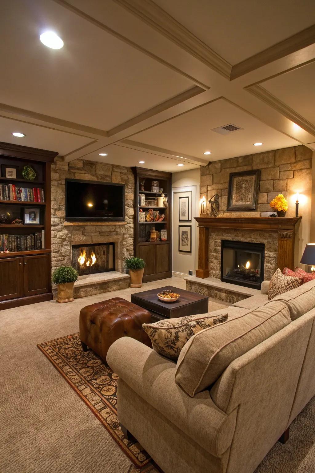 A hearth adds warmth and serves as a beautiful focal point in this basement.