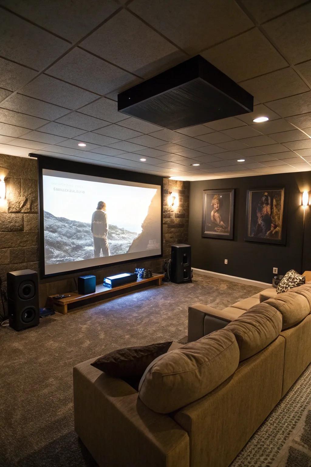 A basement arrangement with a sizable projector screen, excellent for absorbing movie evenings.