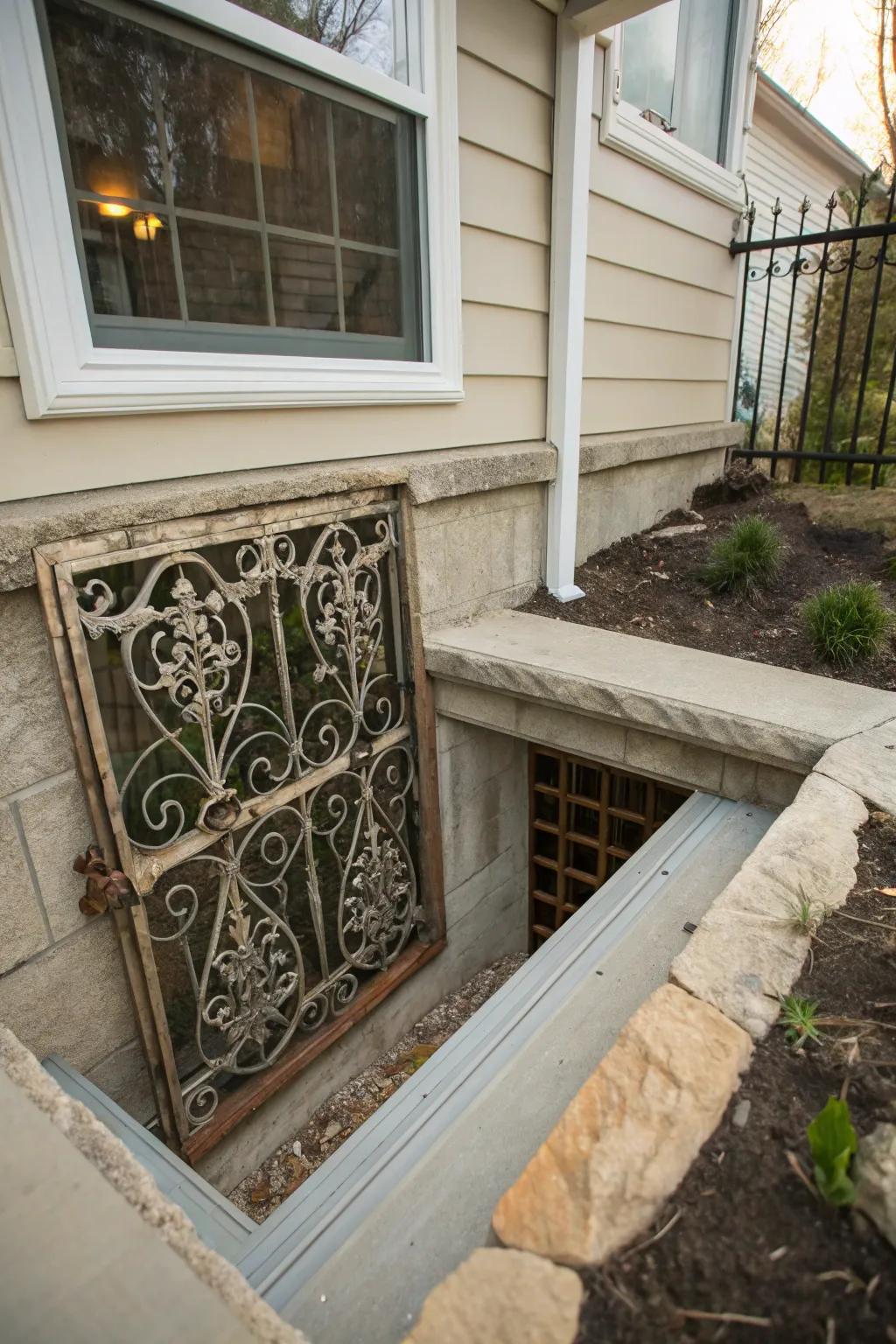An ornate grate introduces refinement and security to a window well.