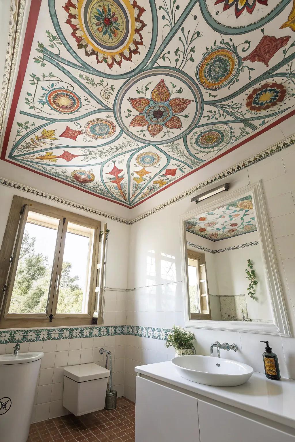 Painted murals on the ceiling bring a personal and playful touch to any bathroom.