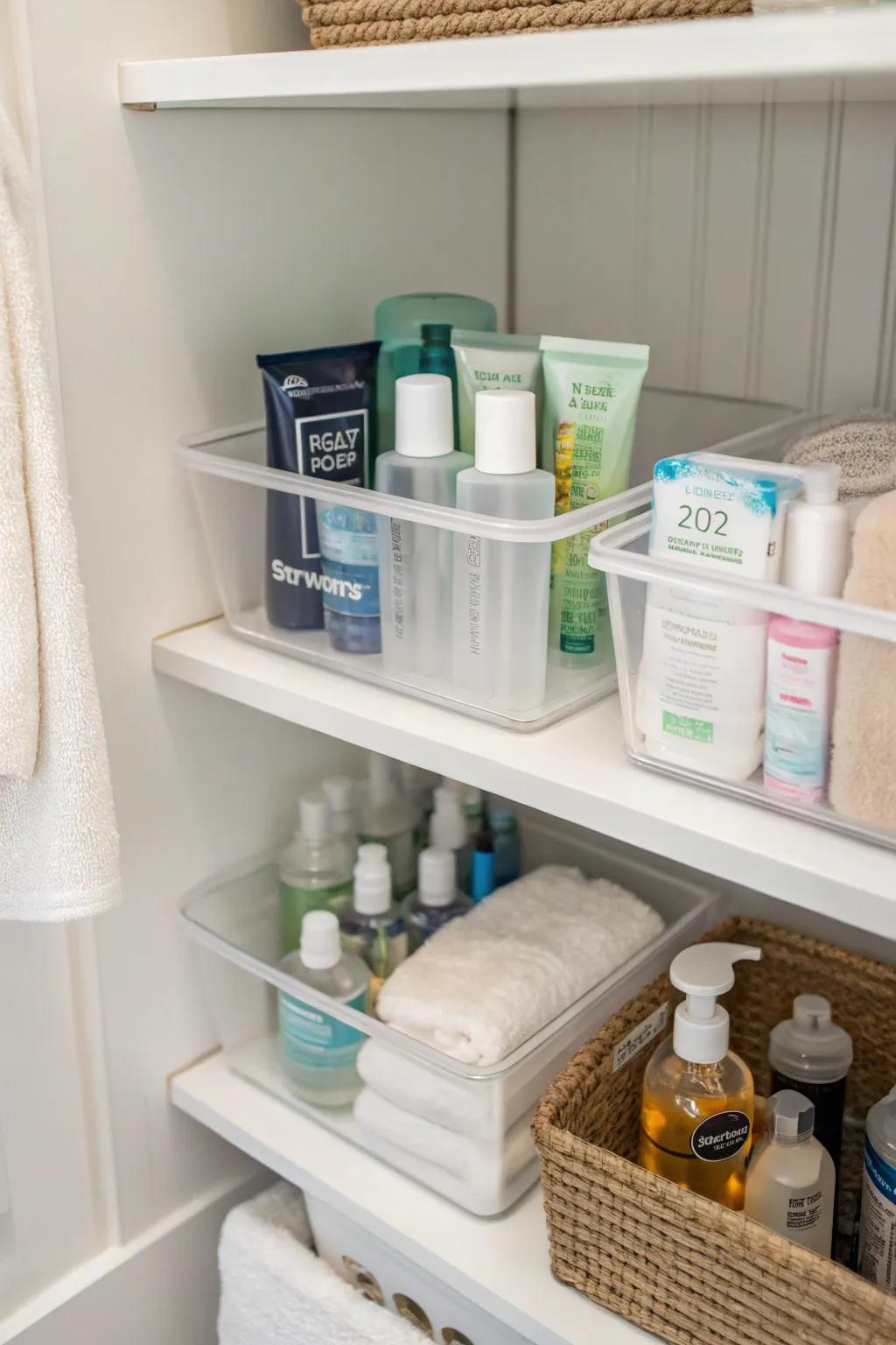 Transparent bins are used on shelves to provide easy access to toiletries.