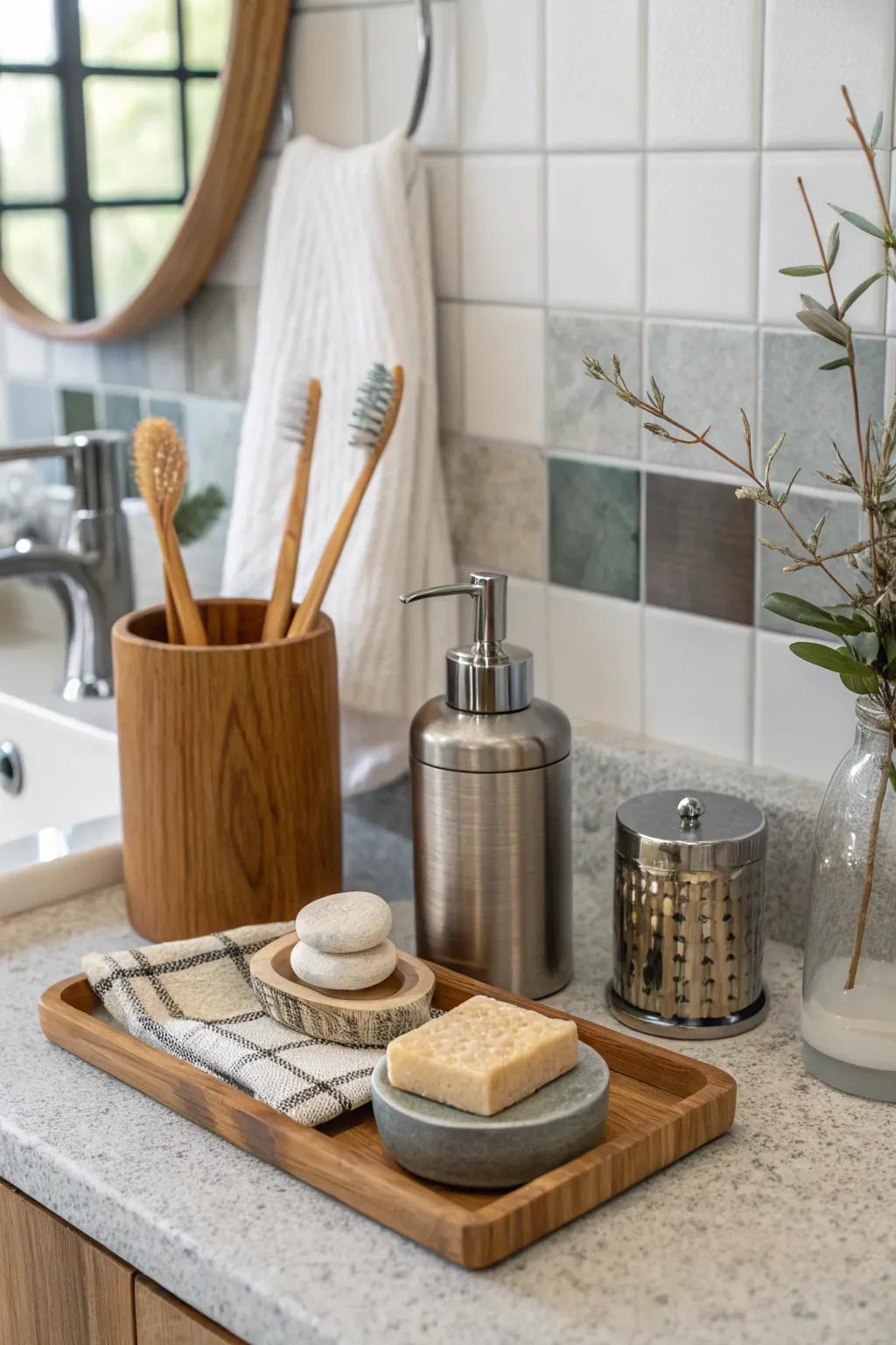 Design an assorted bathroom counter with a blend of substances.