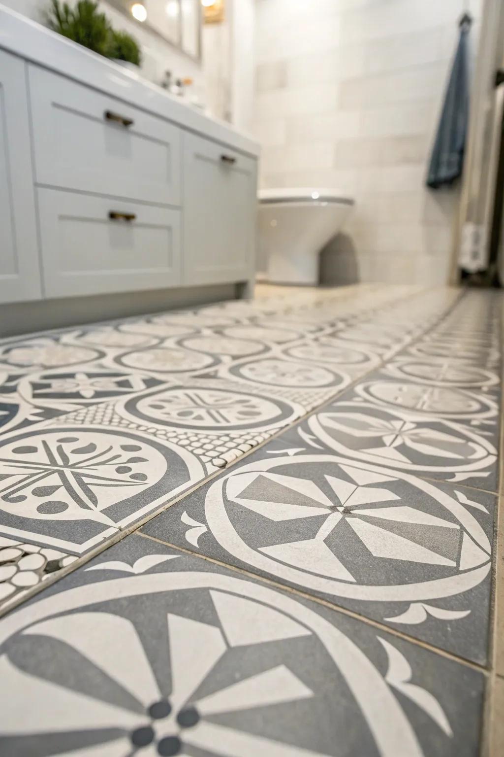 Patterned concrete tiles offer a sleek, modern vibe to your bathroom.