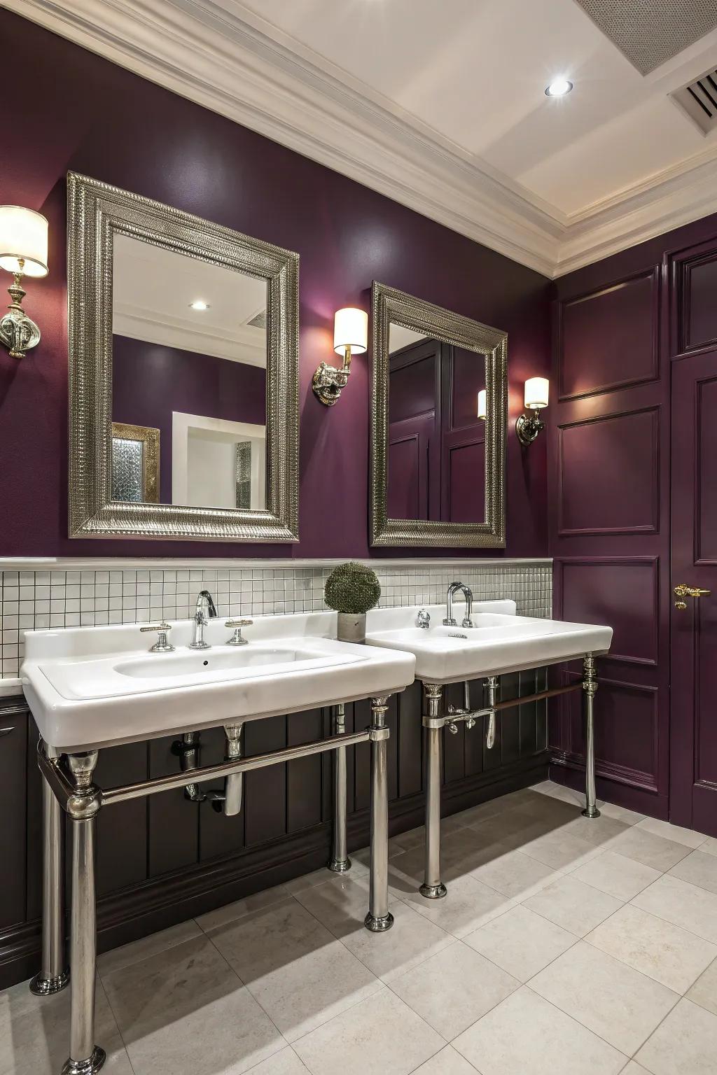 Opulent violet walls add a grand touch of elegance to the bathroom.