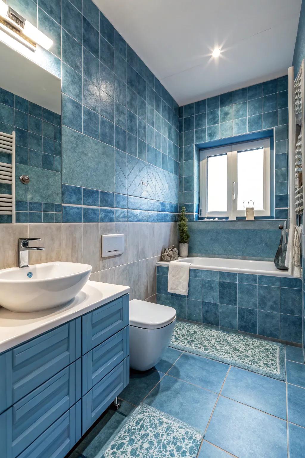 A monochromatic bathroom featuring harmonious blue shades.