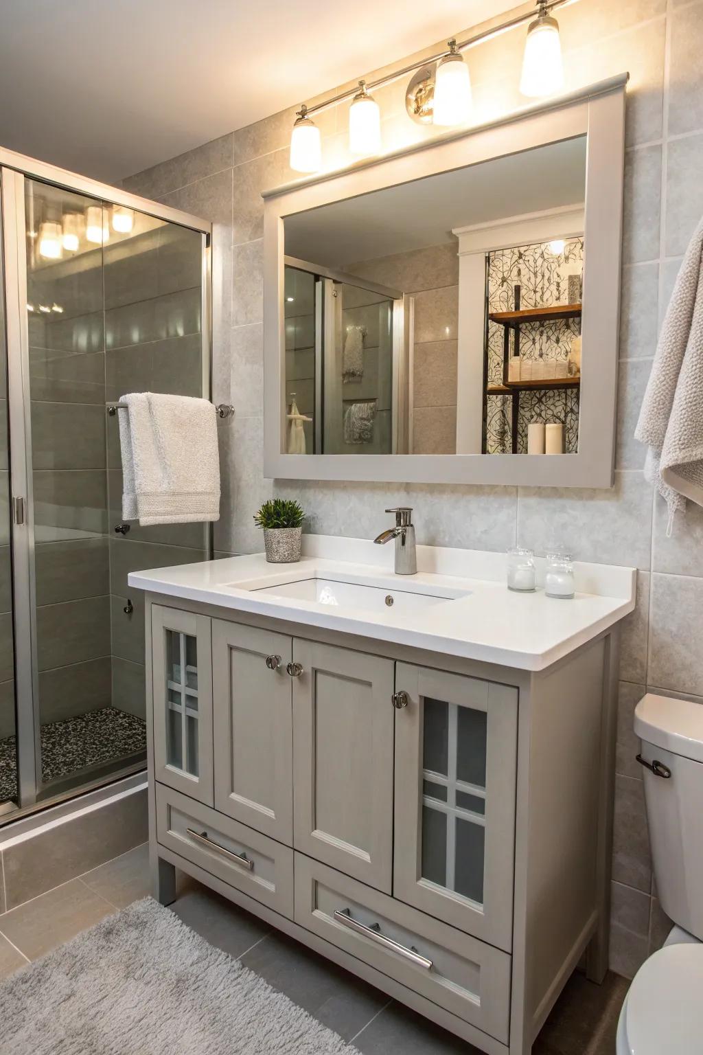 Mirrored cabinets infuse sophistication and storage.