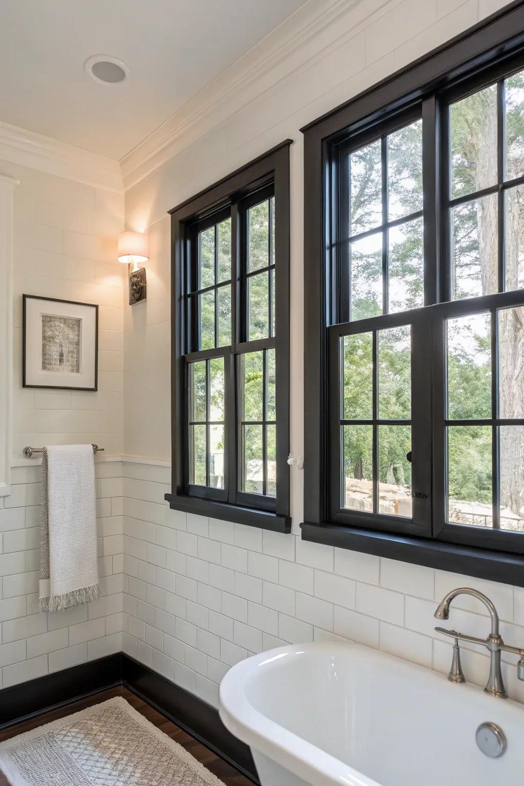 Dark frames create eye catching contrast in the bathroom.