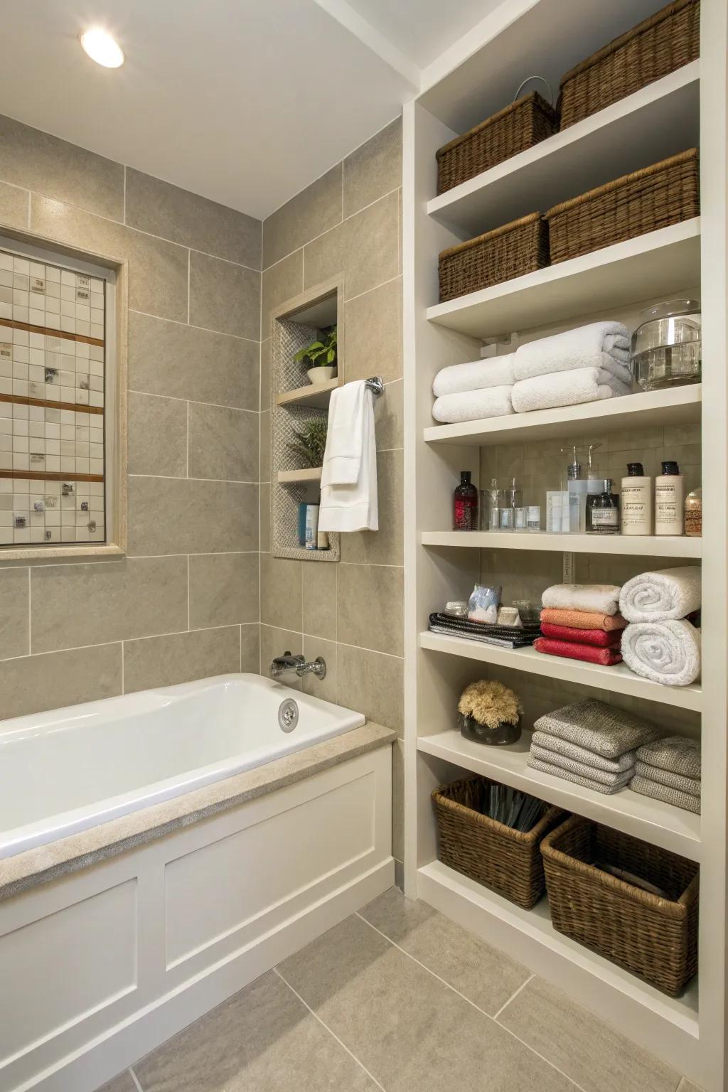 Fitted storage keeps this bathroom organized and clutter-free.