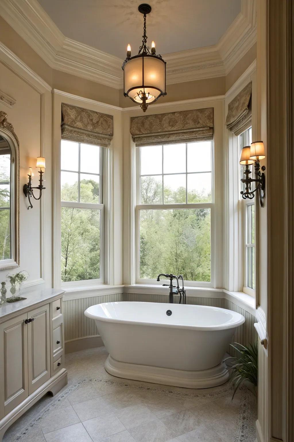 Projecting windows add traditional elegance to the restroom.