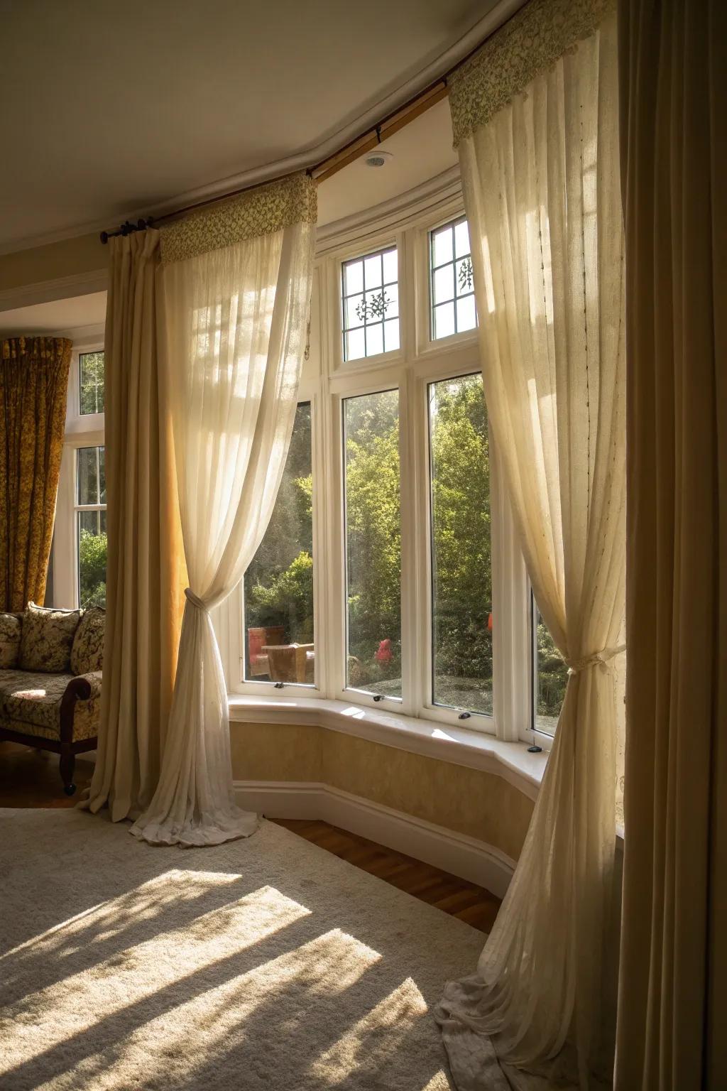 Sun-filtering curtains contributing vibrant designs to the room.