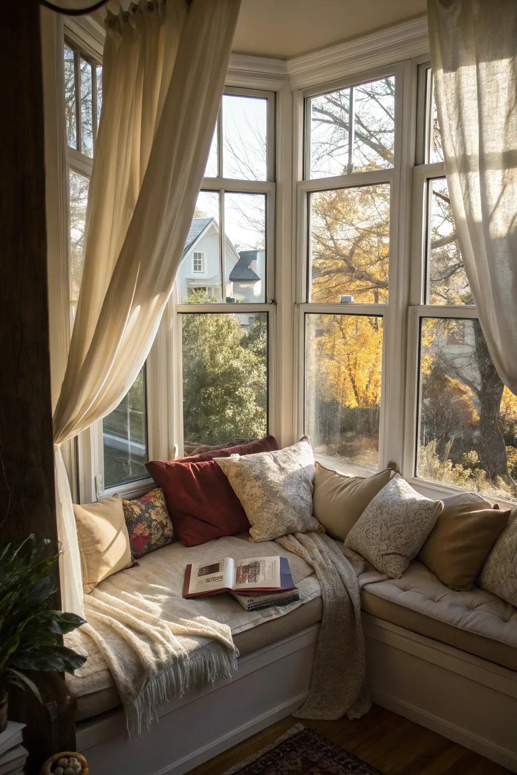 Change your bay window into a snug film spot for private evenings at home.
