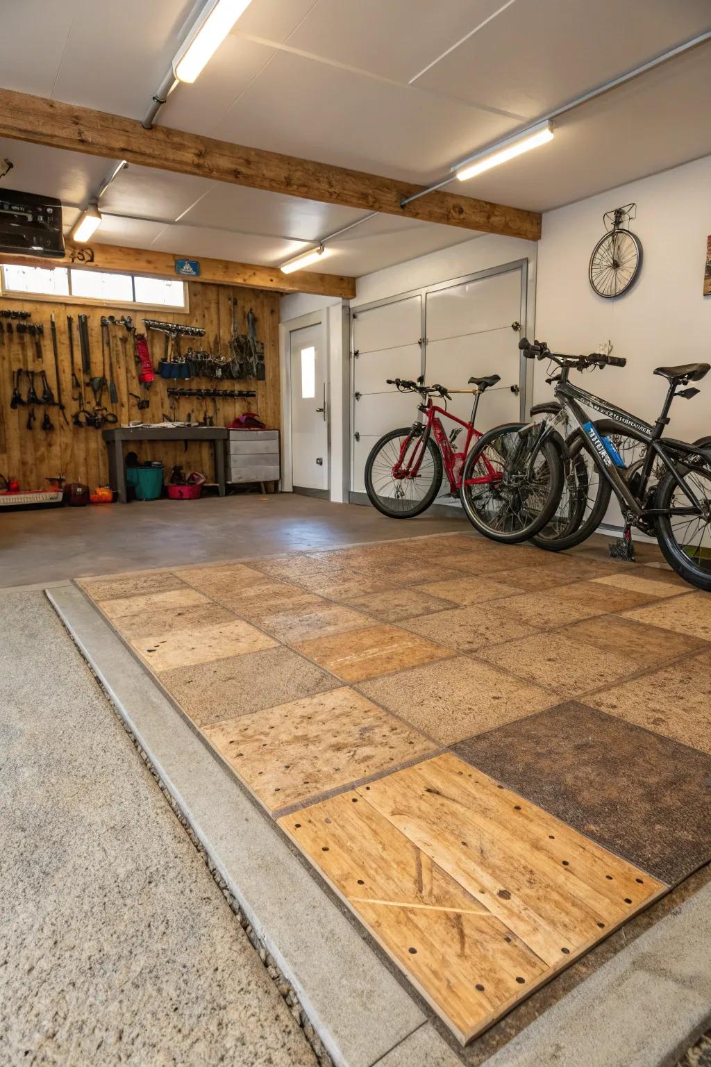 The garage gains warmth and style from eco-friendly flooring.
