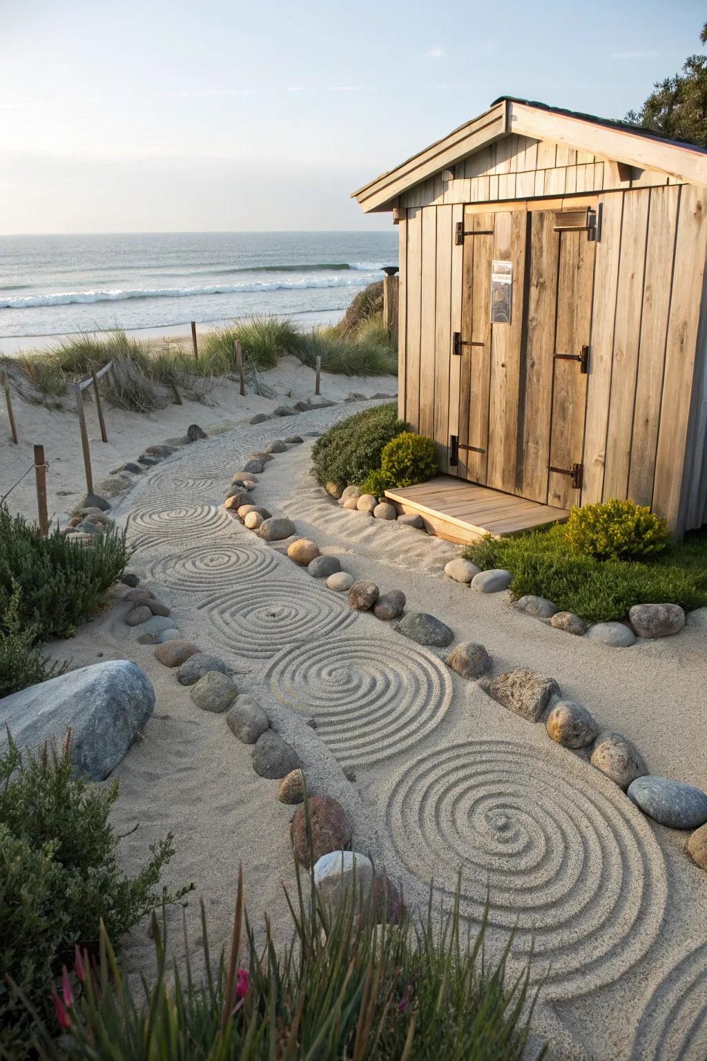 A miniature sand garden provides tranquility near the beach outbuilding.