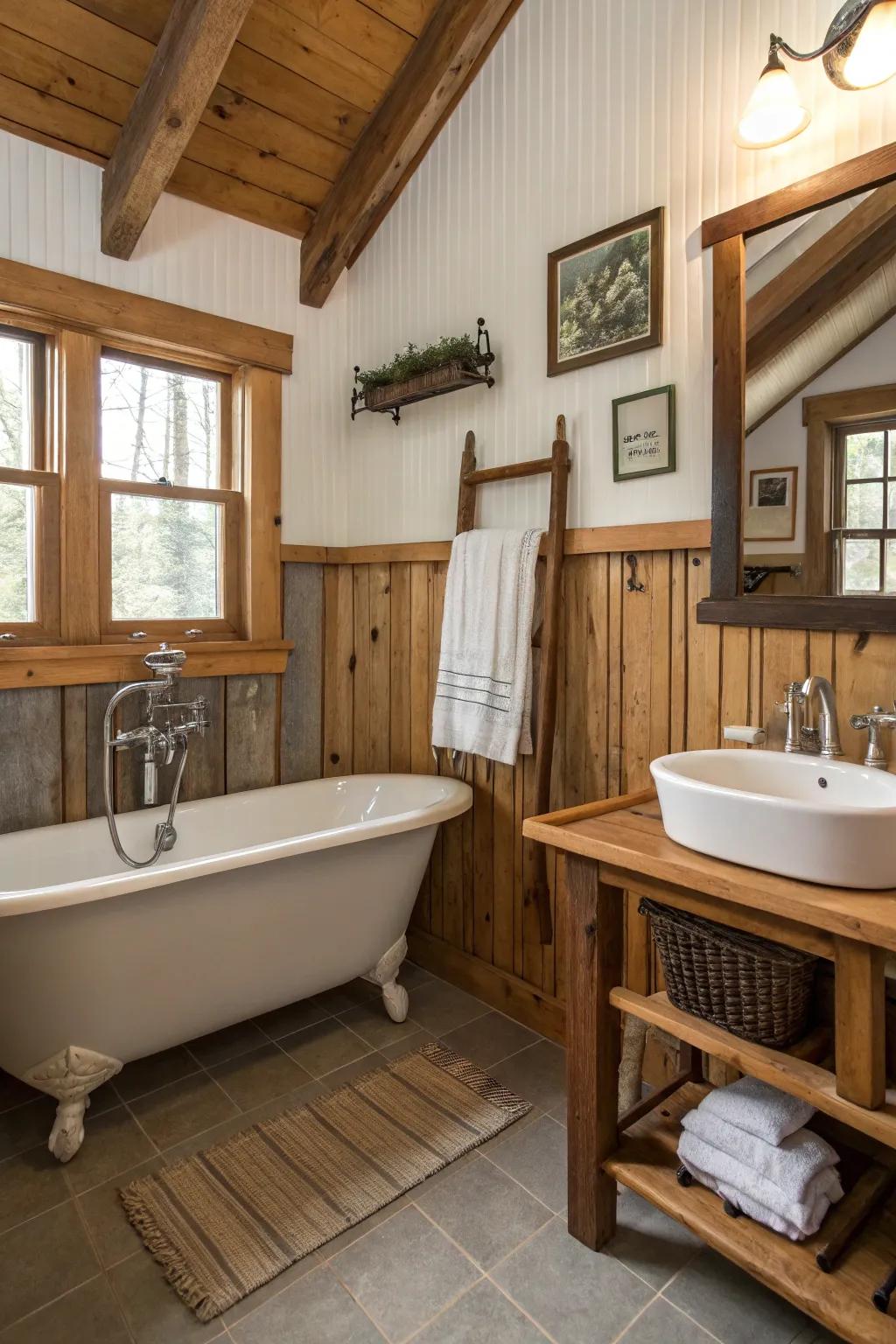 Paneling and timber merge for a country, inviting sensation.