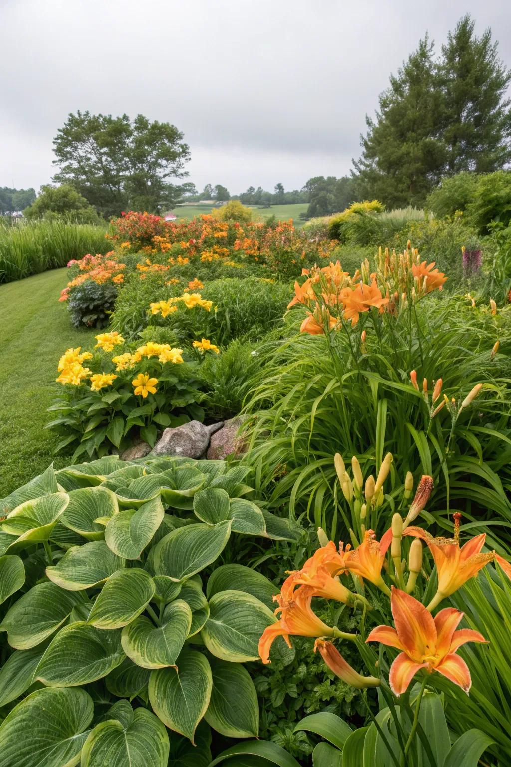 A perennial garden showcasing lush hostas and vibrant daylilies.