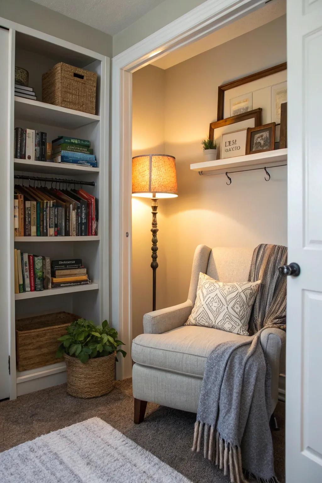 Create a cozy reading corner beside your closet bed.