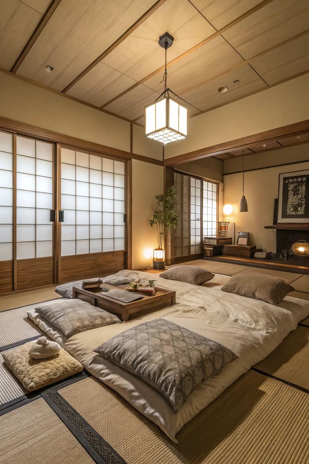 Maintain a sense of proportion using compact furniture alongside a floor bed.