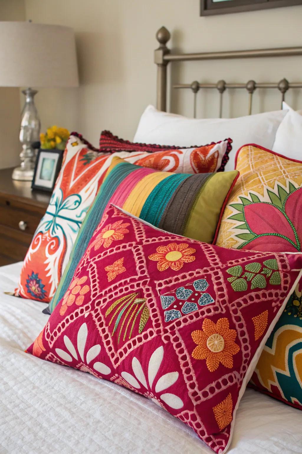 A daring and diverse cushion setup for those who appreciate color and dynamism.