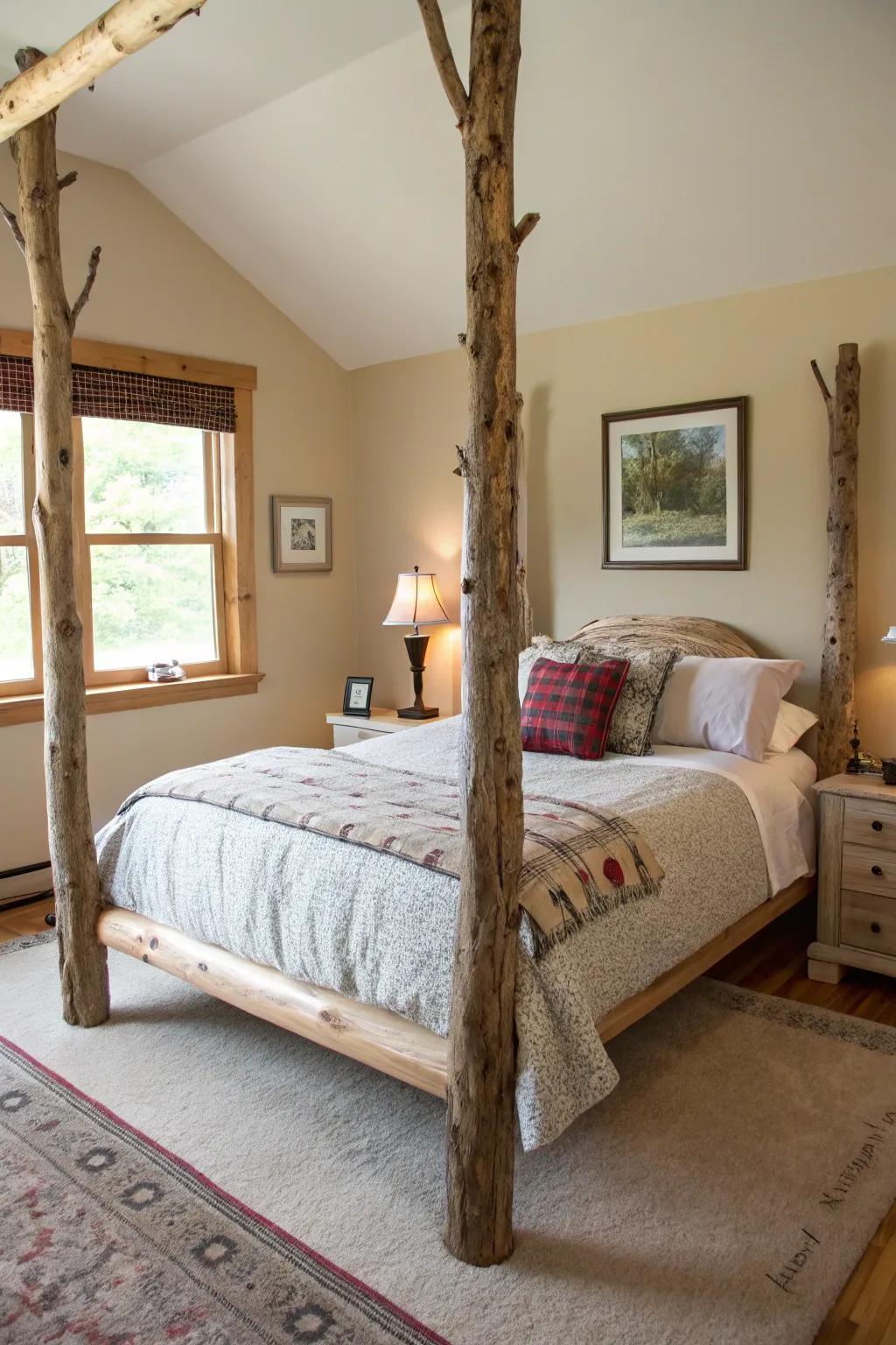 Raw tree branch bedposts bring a natural touch to the bedroom.