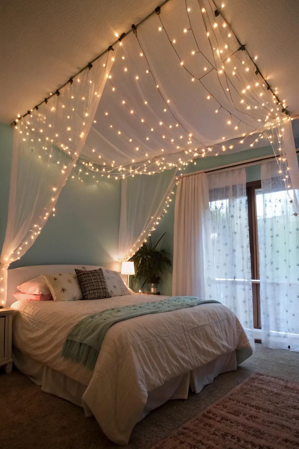 Threaded lights establish an enchanting pavilion.