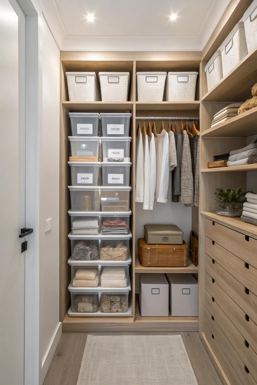 Transparent boxes allow for easy identification of contents.