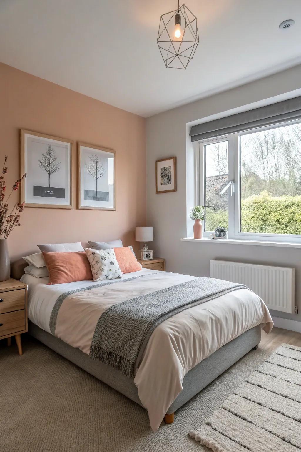 Achieve playful charm with peach and gray.