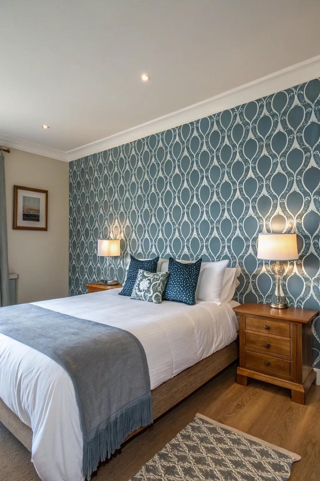 A striking emphasized wall with stylish wallpaper transforms this modern bedroom.