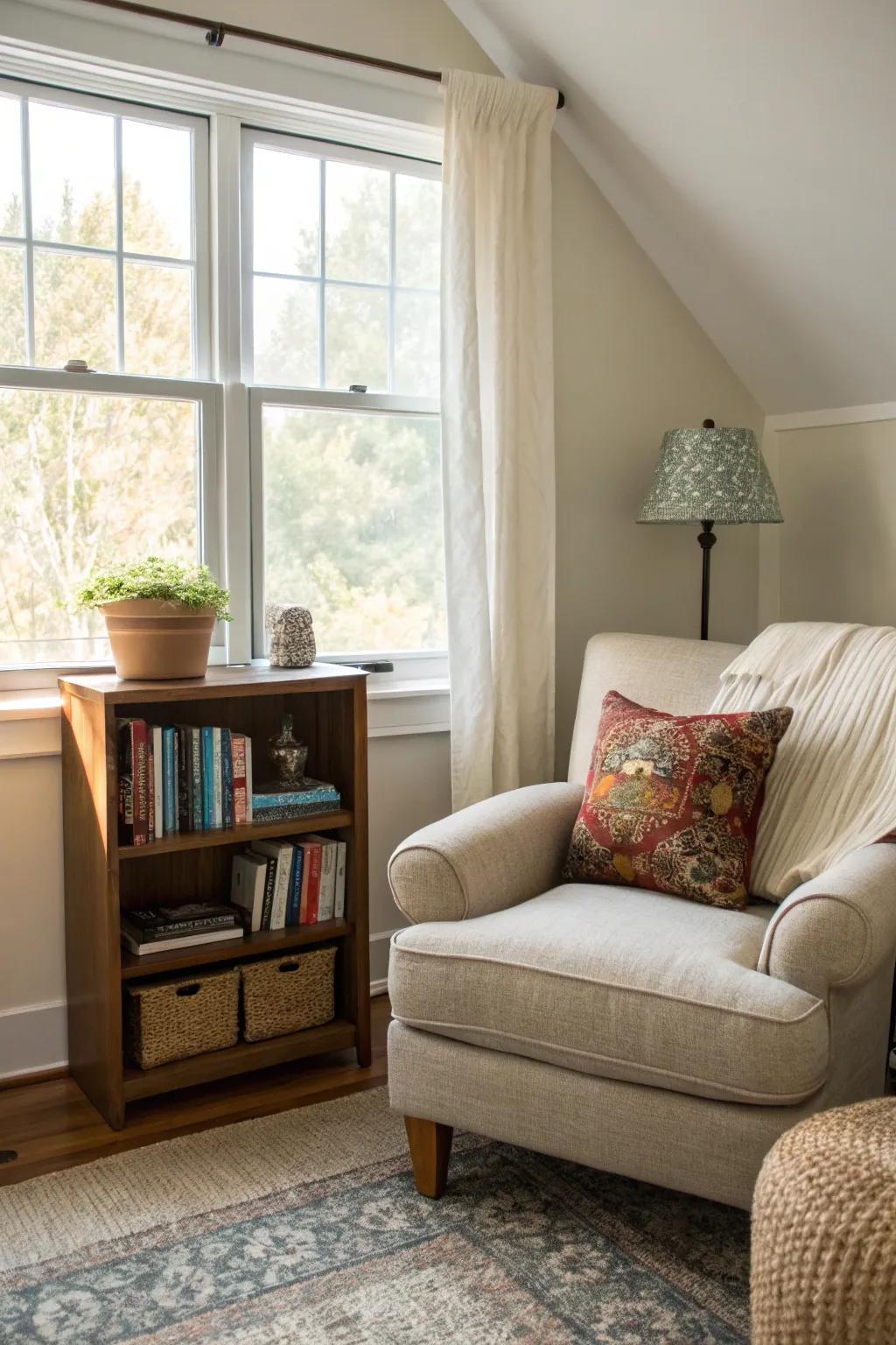 A reading nook provides a personal escape within the bedroom.