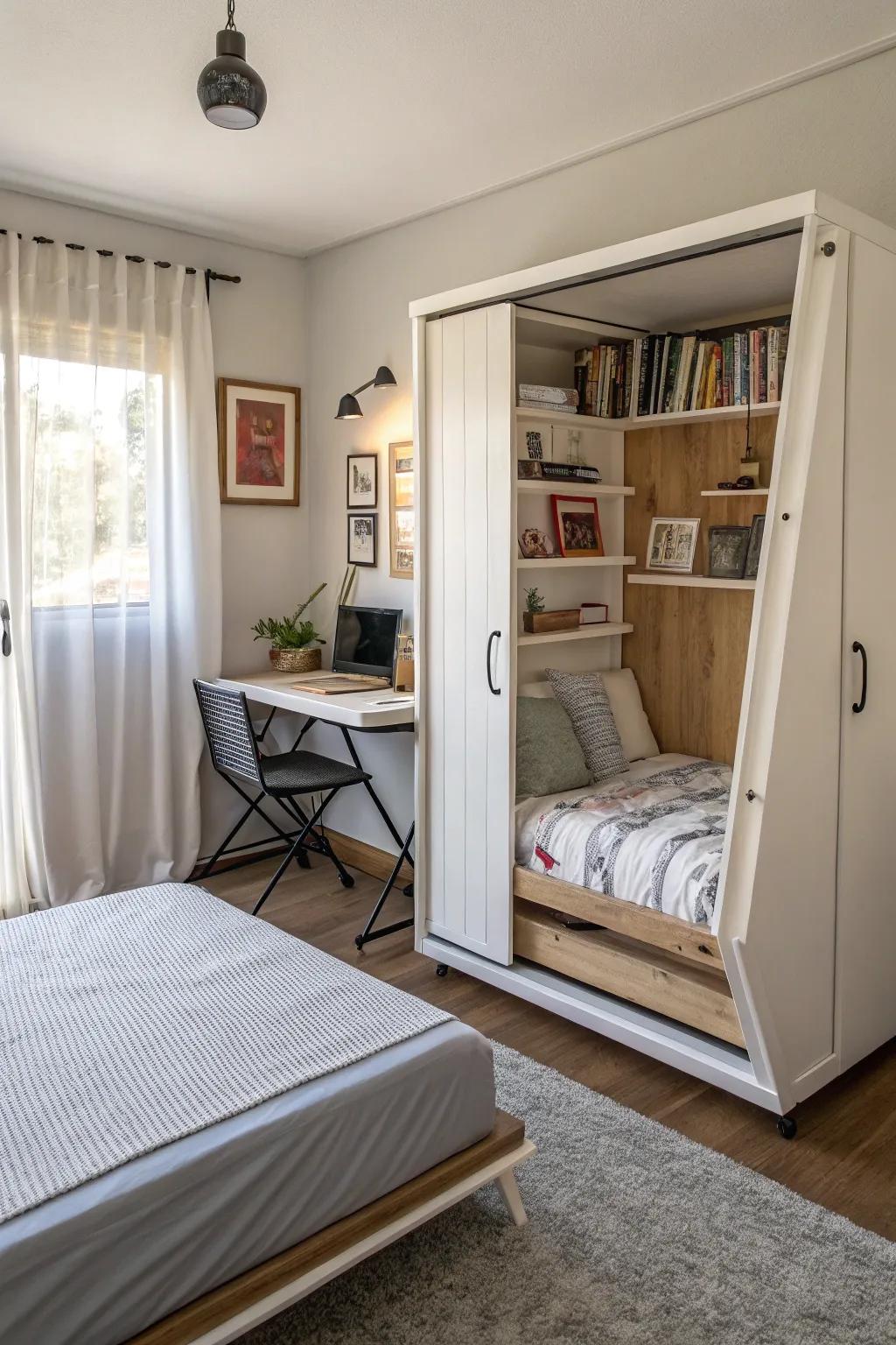 Transform a small space by using a space-saving Murphy bed.