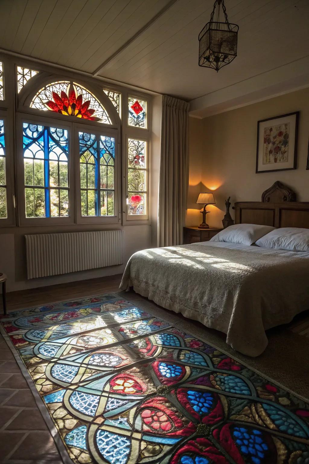 Decorative glass windows add an artistic burst of color and illumination.